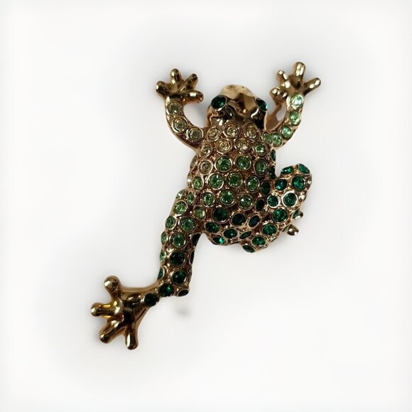 Monet Green Gold Frog Brooch Pin w Rhinestones Frog Lovers Jewelry Accessories - Picture 2 of 4